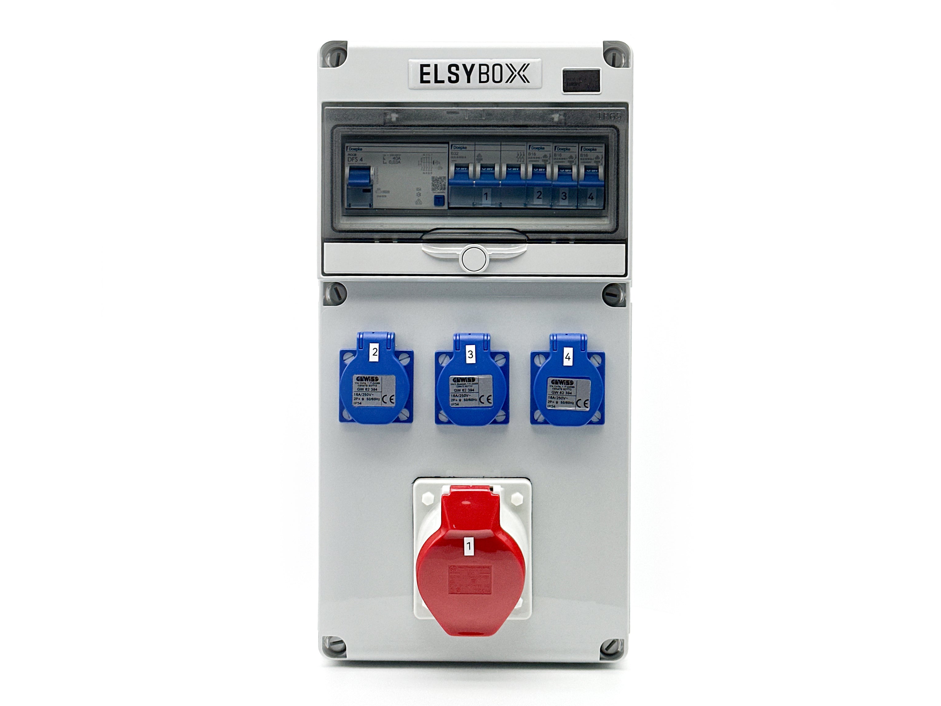 ELSYBOX P692F01030F Zásuvková skříň 1x CEE 32 A, 3× 230V, jištěná, s chráničem ELSYBOX P692F01030F Zásuvková skříň 1x CEE 32 A, 3× 230V, jištěná, s chráničem